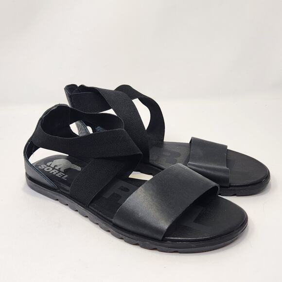 Sorel Women Ella Sandals Black Leather Size 6.5 Gladiator Stretch Straps Flats - Picture 1 of 8